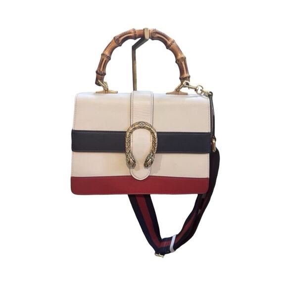 Calfskin Bamboo Web Medium Dionysus Top Handle Bag White Blue Hibiscus Red - Picture 4 of 16